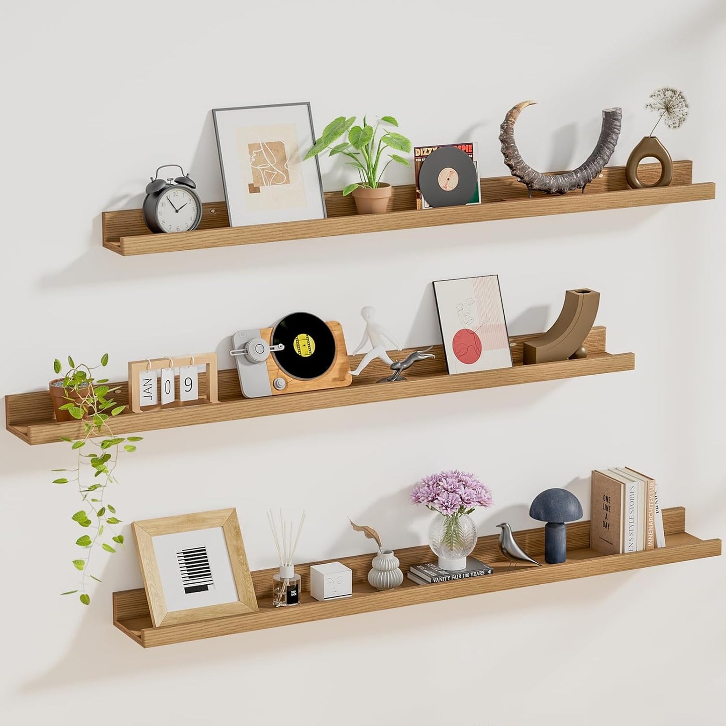 ShelfLoft 5.7"D x 2"H Natural Oak Picture Ledge Shelf Floating Shelves,3 Pack