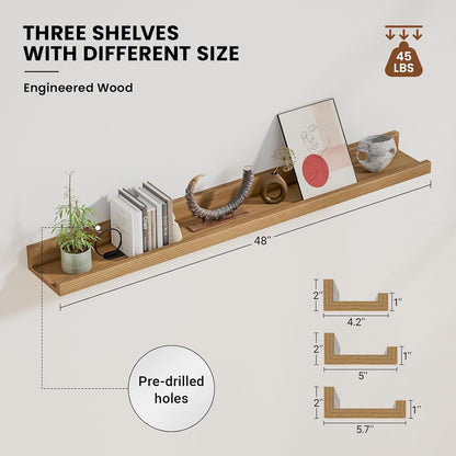 ShelfLoft 5.7"D x 2"H Natural Oak Picture Ledge Shelf Floating Shelves,3 Pack