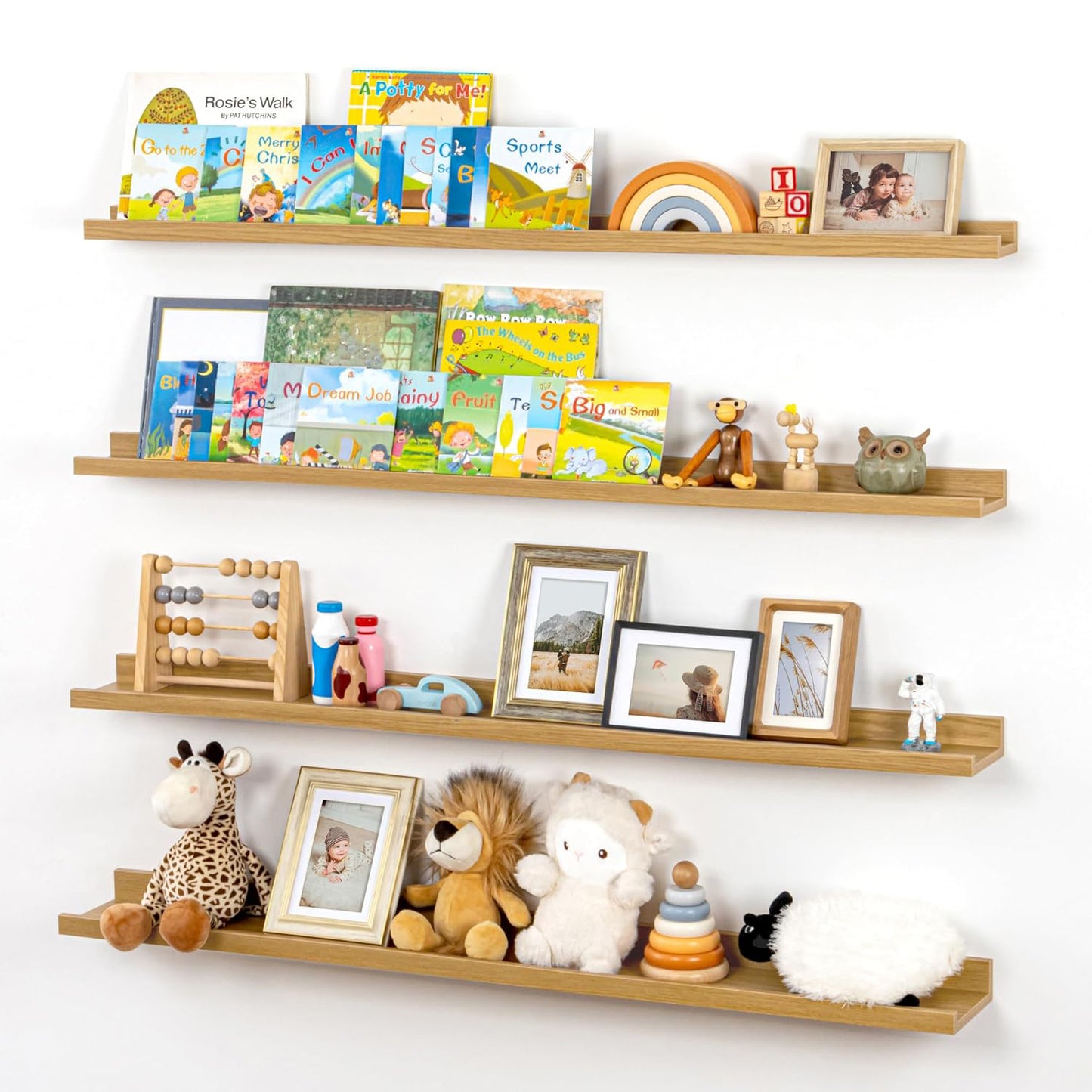 ShelfLoft 6.25"D x 2"H Natural Oak Picture Ledge Floating Shelves Nursery Bookself,Set of 4