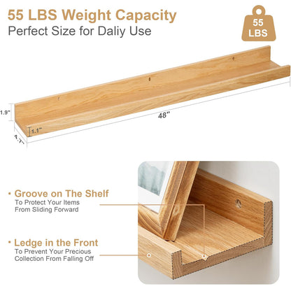 ShelfLoft 4.7"D x 1.9"H Natural Solid Oak Wood Picture Ledge Floating Shelves,Set of 2