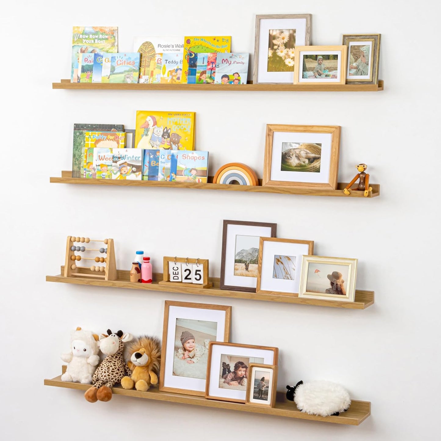 ShelfLoft 6.25"D x 2"H Natural Oak Picture Ledge Floating Shelves Nursery Bookself,Set of 4