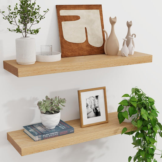 ShelfLoft 24" Wide x 8" Deep 66lbs Solid Oak Wood Floating Shelves Wall Mounted Display Shelf,Natural Oak Finish-2 Pack