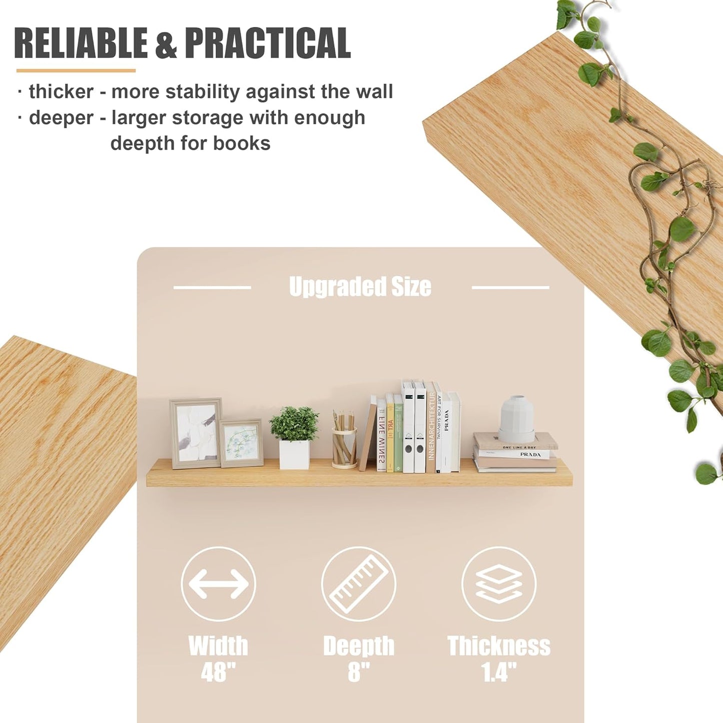 ShelfLoft 48" Wide x 8" Deep 88lbs Solid Oak Wood Floating Shelves Wall Mounted Display Shelf, 2 Pack