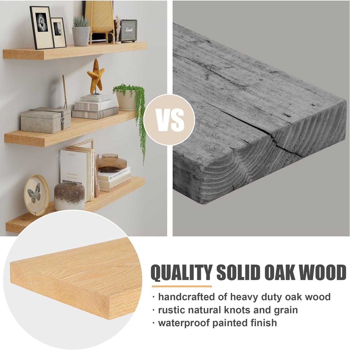 ShelfLoft 48" Wide x 8" Deep 88lbs Solid Oak Wood Floating Shelves Wall Mounted Display Shelf,Natural Oak Finish-1 Pack