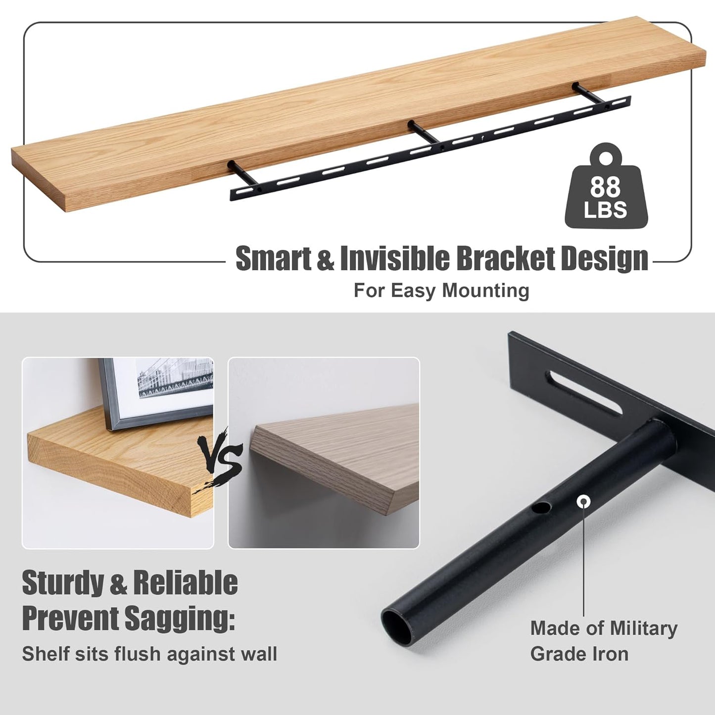 ShelfLoft 48" Wide x 8" Deep 88lbs Solid Oak Wood Floating Shelves Wall Mounted Display Shelf, 2 Pack