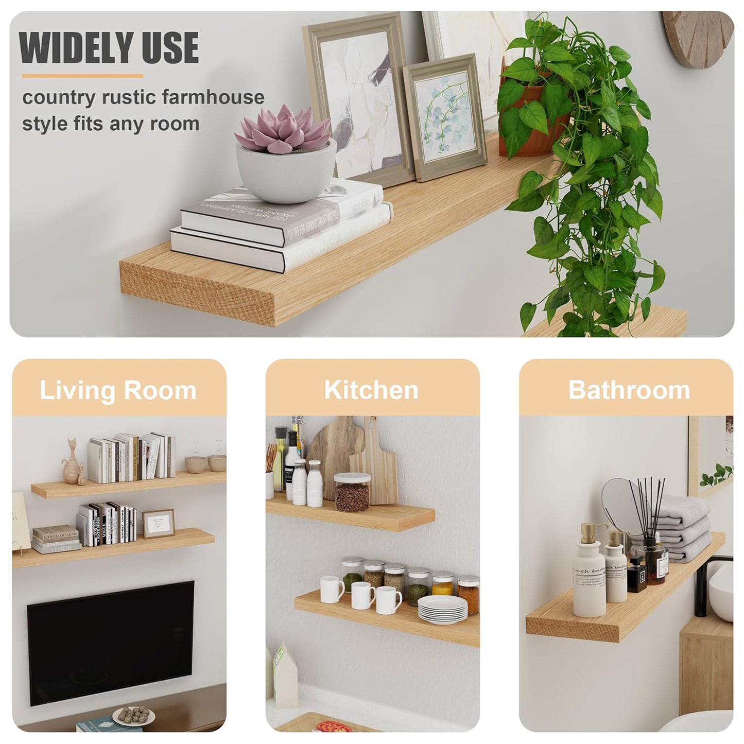 ShelfLoft 48" Wide x 8" Deep 88lbs Solid Oak Wood Floating Shelves Wall Mounted Display Shelf,Natural Oak Finish-1 Pack