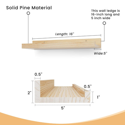 ShelfLoft 5"D x 2"H Natural Unfinished Solid Pine Wood Picture Ledge Shelf for Wall Decor,Set of 2