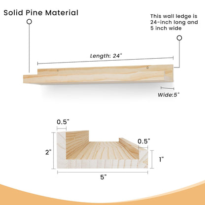 ShelfLoft 5"D x 2"H Natural Unfinished Solid Pine Wood Picture Ledge Shelf for Wall Decor,Set of 2