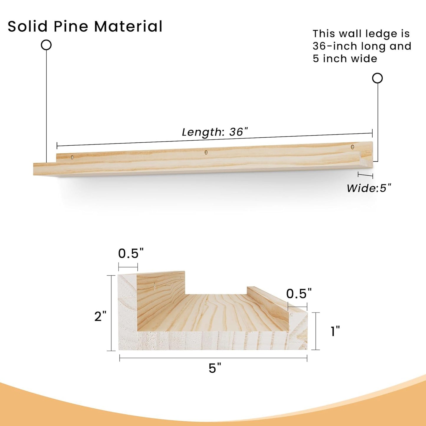 ShelfLoft 5"D x 2"H Natural Unfinished Solid Pine Wood Picture Ledge Shelf for Wall Decor,Set of 2