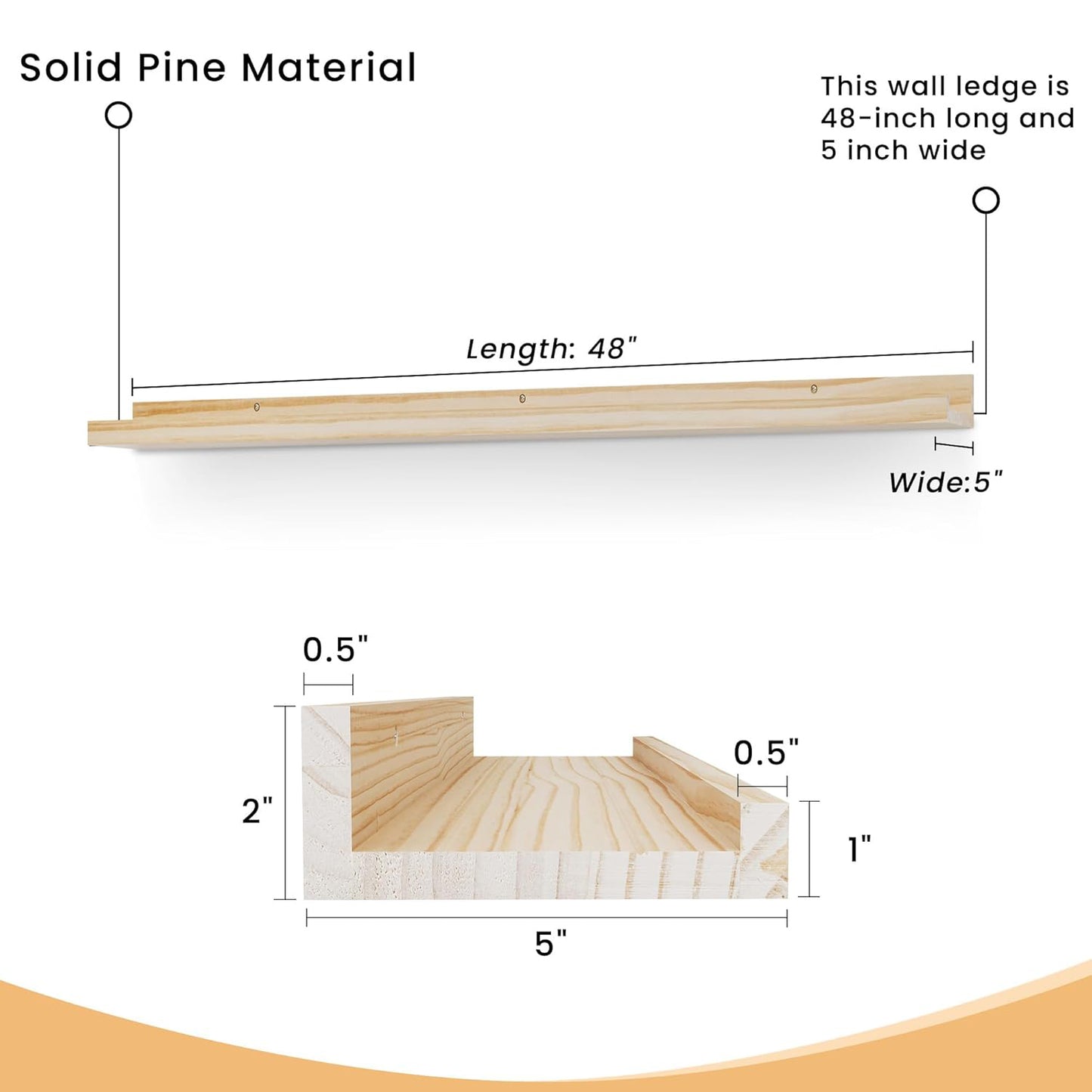 ShelfLoft 5"D x 2"H Natural Unfinished Solid Pine Wood Picture Ledge Shelf for Wall Decor,Set of 2