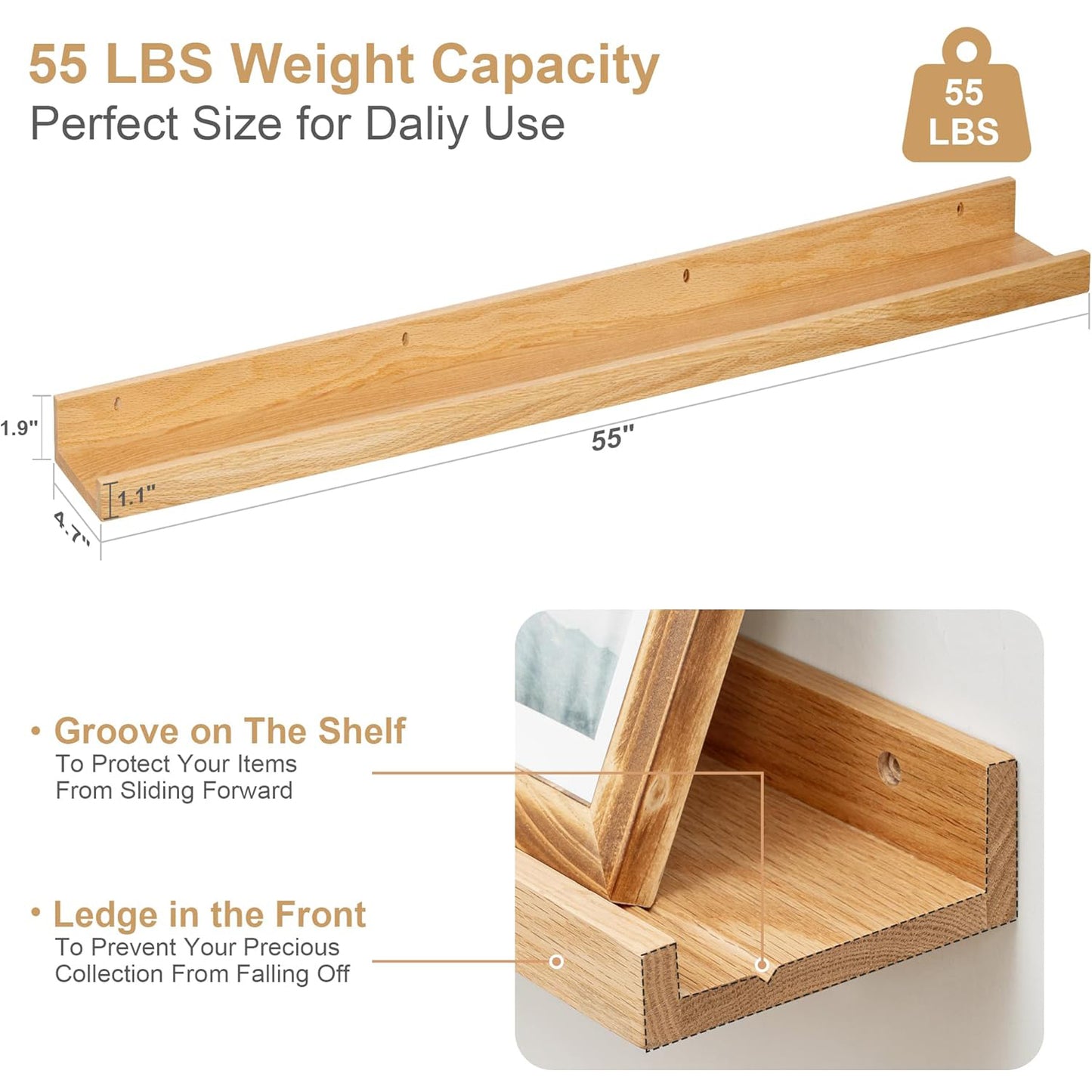 ShelfLoft 55" Wide x 4.7" Deep Solid Oak Wood Picture Ledge Floating Shelves,Set of 2