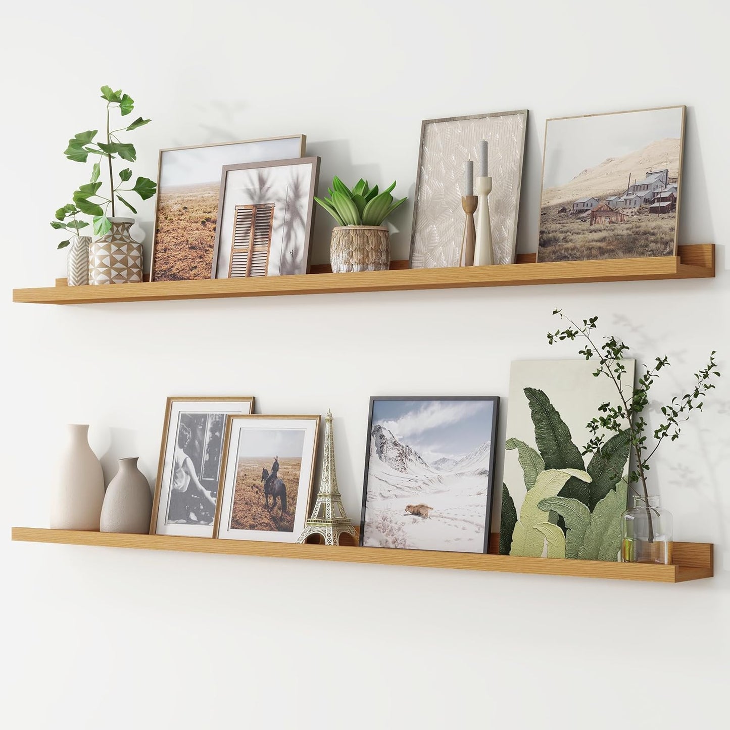 ShelfLoft 56" Wide x 4.7" Deep Picture Ledge Floating Shelves, Natural Oak-2 Pack