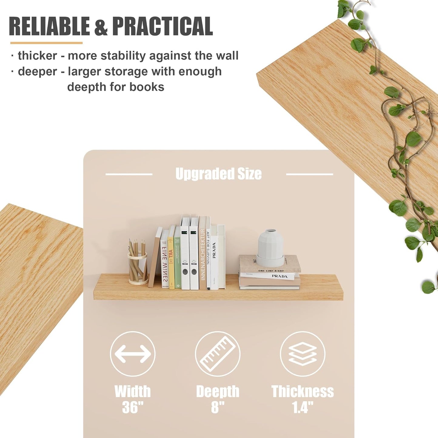 ShelfLoft 36" Wide x 8" Deep 77lbs Solid Oak Wood Floating Shelves Wall Mounted Display Shelf,Natural Oak Finish-2 Pack