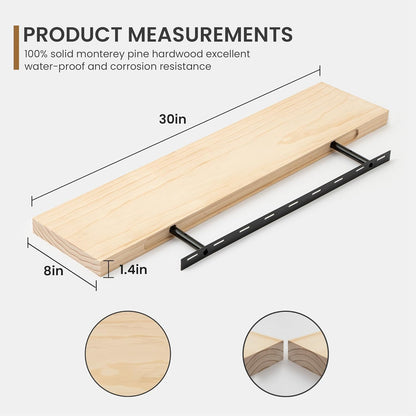 ShelfLoft 8"D x 1.4"H Natural Unfinished Usa-sourced Pine Wood Farmhouse Floating Shelves