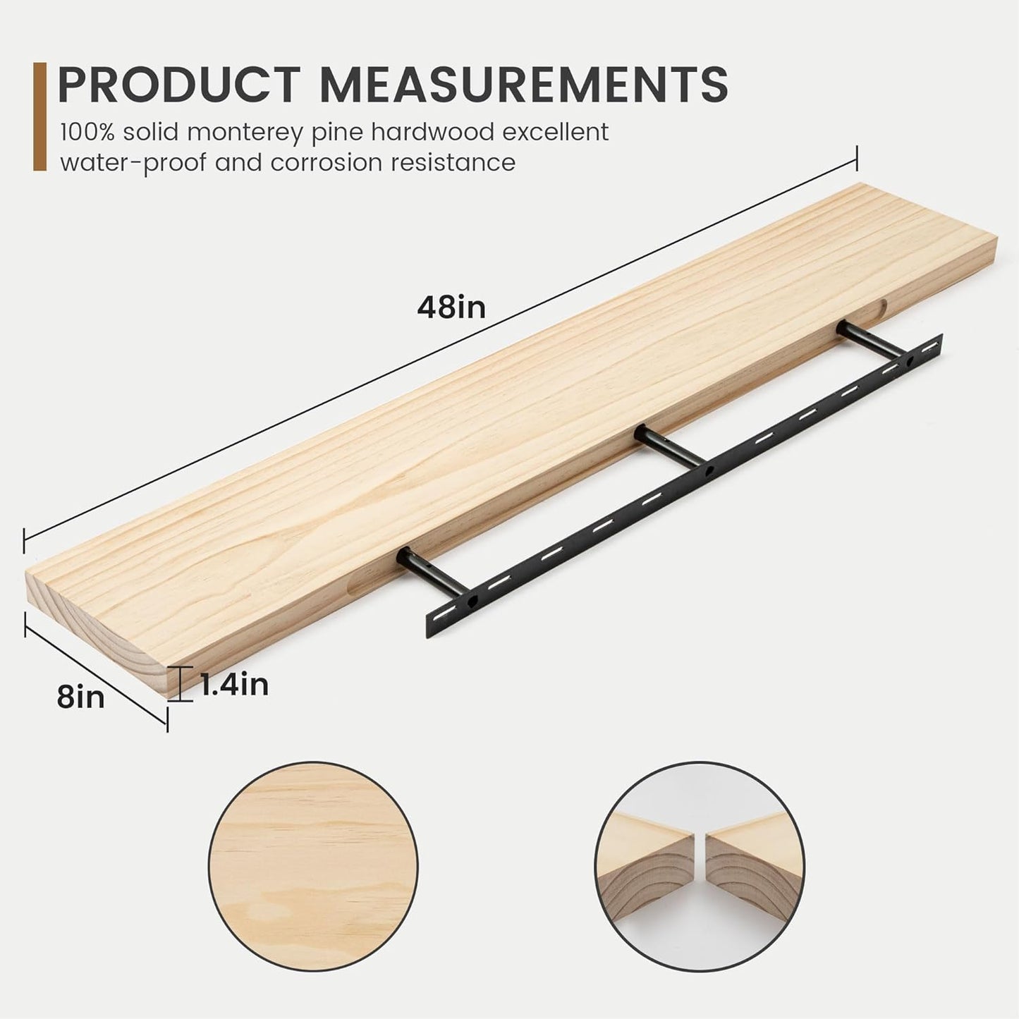 ShelfLoft 8"D x 1.4"H Natural Unfinished Usa-sourced Pine Wood Farmhouse Floating Shelves