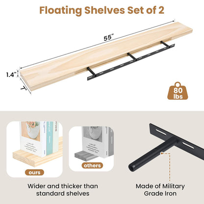 ShelfLoft 55" Wide x 7" Deep Pine Wood Floating Shelves,1 Pack