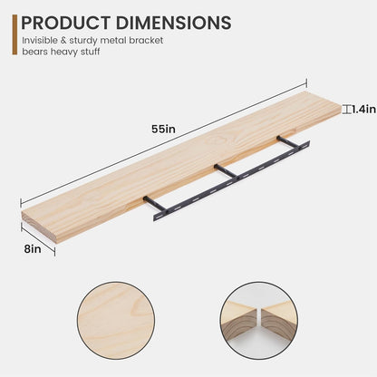 ShelfLoft 8"D x 1.4"H Natural Unfinished Usa-sourced Pine Wood Farmhouse Floating Shelves