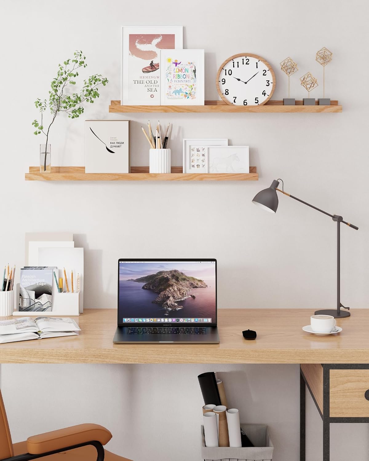 ShelfLoft 4.7 Inch Deep Solid Oak Wood Picture Ledge Shelf, Set of 2