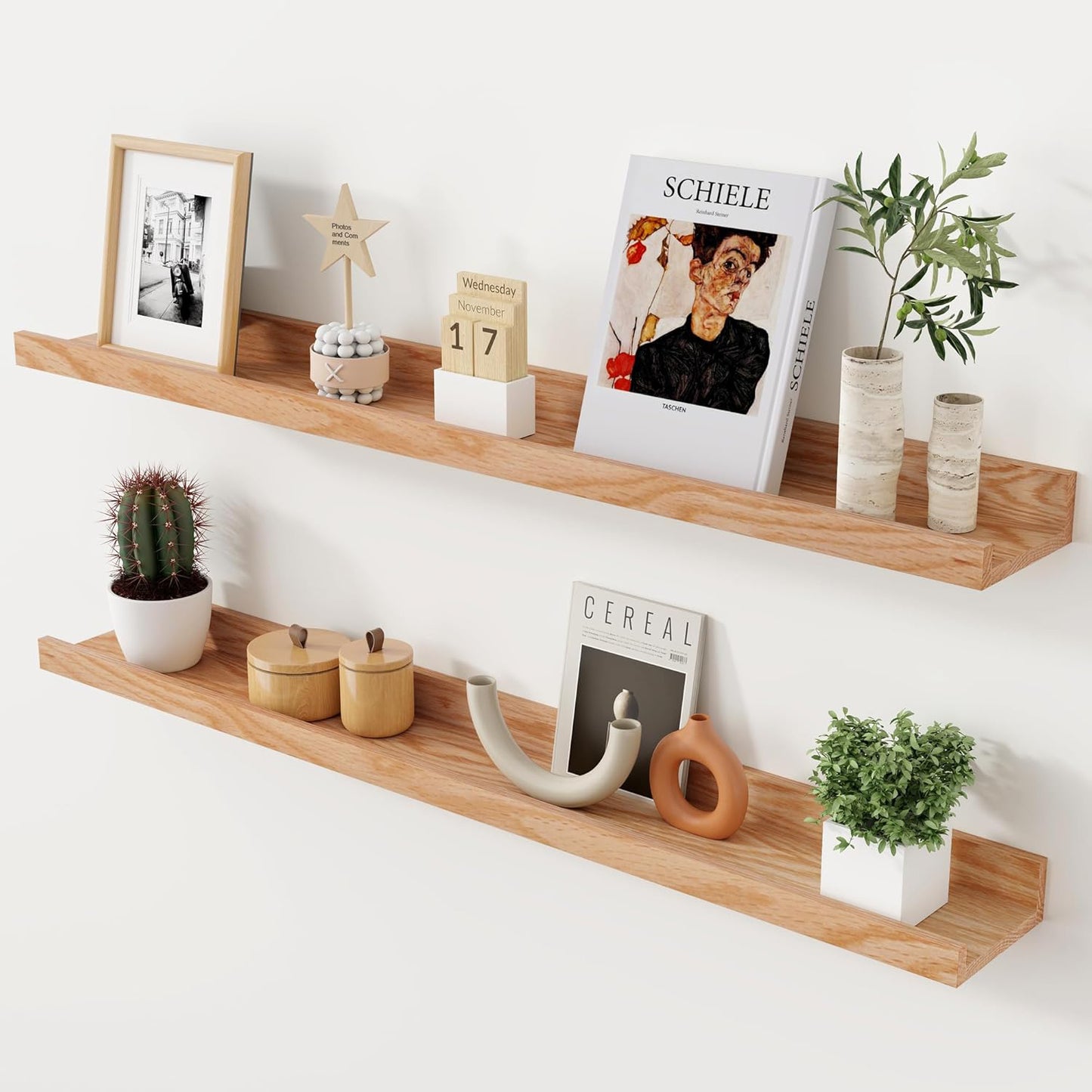 ShelfLoft 4.7 Inch Deep Solid Oak Wood Picture Ledge Shelf, Set of 2