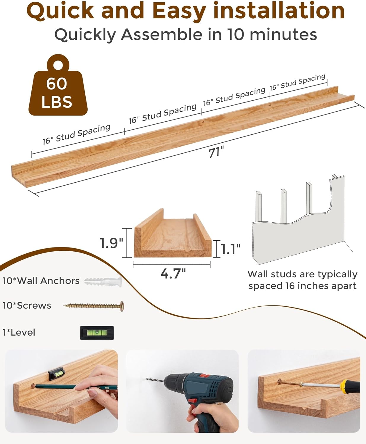 ShelfLoft 71" Wide x 4.7" Deep Solid Oak Wood Picture Ledge Shelf, Set of 2