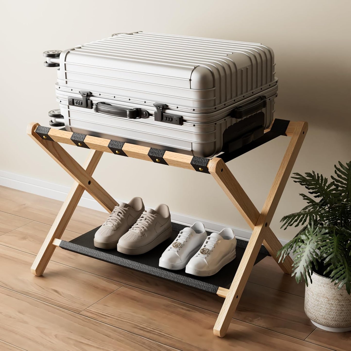 Shelfloft Solid Oak Folding Luggage Rack with Storage Shelf