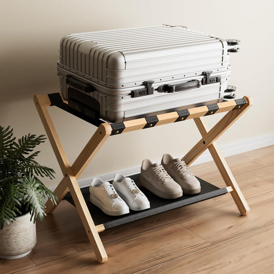 Shelfloft Solid Oak Folding Luggage Rack with Storage Shelf