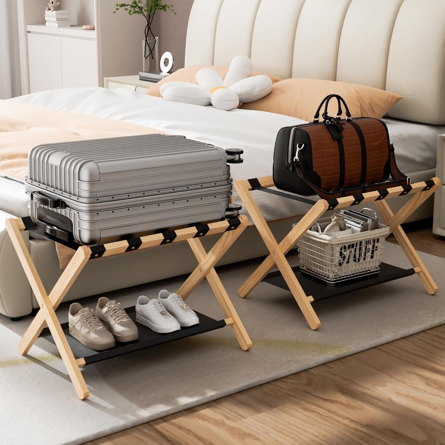 Shelfloft Solid Oak Folding Luggage Rack with Storage Shelf