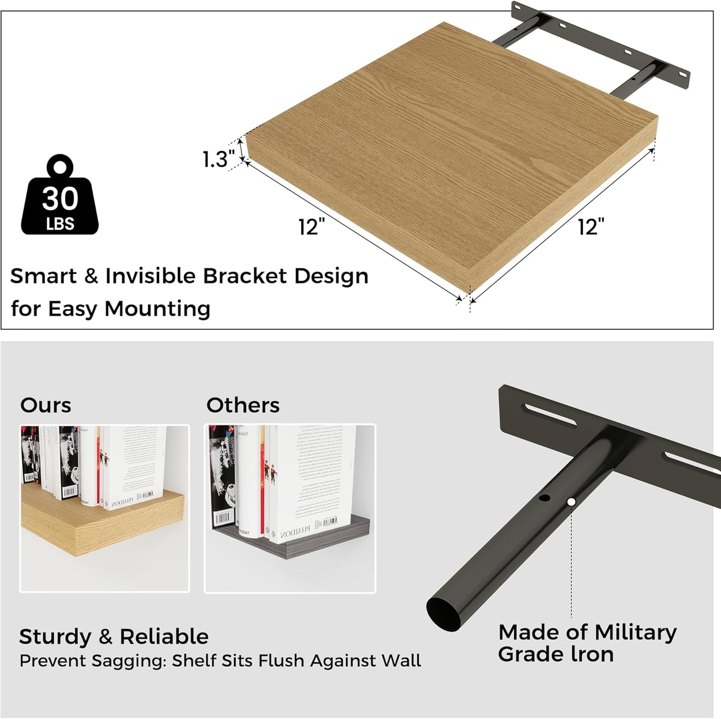 ShelfLoft 12"W x 12"D Oak Floating Shelves for Wall Storage,3 Pack