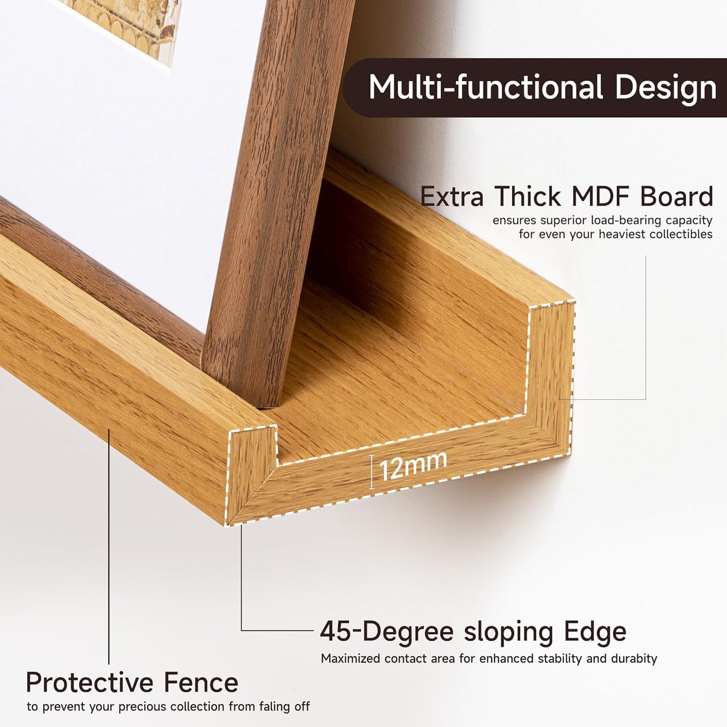 ShelfLoft 3.5"D x 1.6"H Oak Picture Ledge Shelf Wall Display Floating Shelves