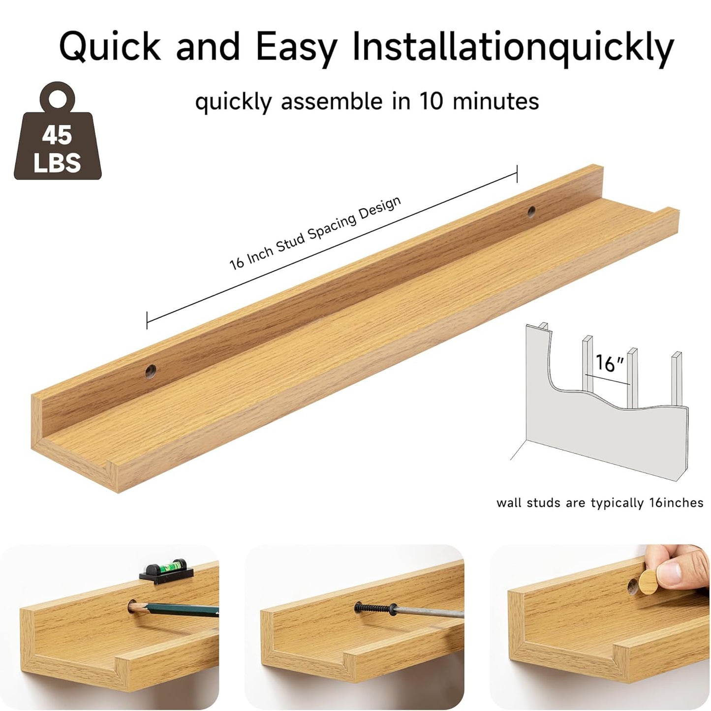 ShelfLoft 24“W x 3.5”D Oak Picture Ledge Shelf Wall Storage Floating Shelves, 2 Pack