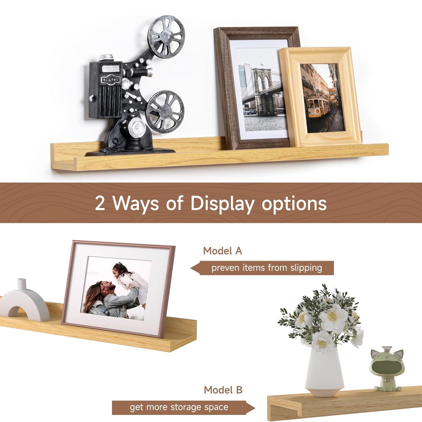 ShelfLoft 24“W x 3.5”D Oak Picture Ledge Shelf Wall Storage Floating Shelves, 2 Pack