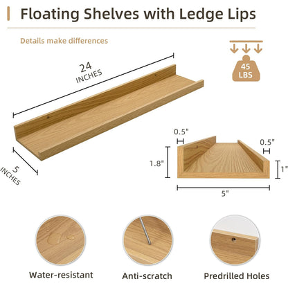 ShelfLoft 24" Wide x 5" Deep Picture Ledge Shelf Wood Floating Shelves,4 Pack