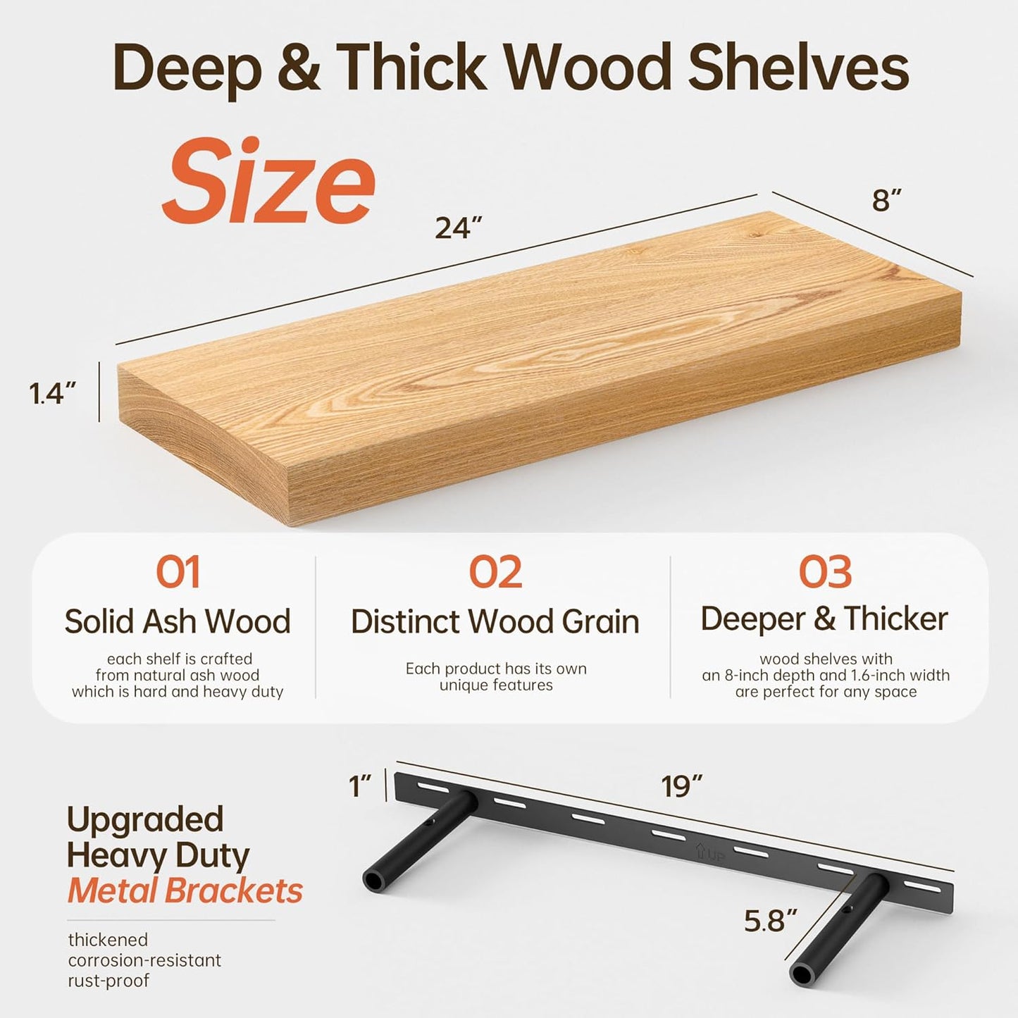 ShelfLoft 24" Wide x 8" Deep Solid Ash Wood Floating Shelves,2 Pack