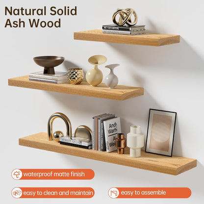 ShelfLoft 24" Wide x 8" Deep Solid Ash Wood Floating Shelves,2 Pack