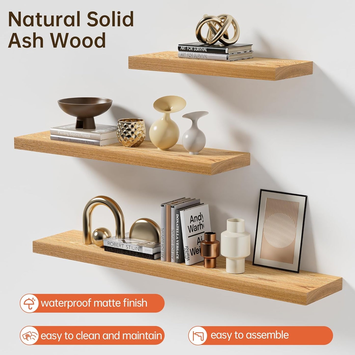 ShelfLoft 8"D x 1.4"H Oak Solid Ash Wood Floating Shelves