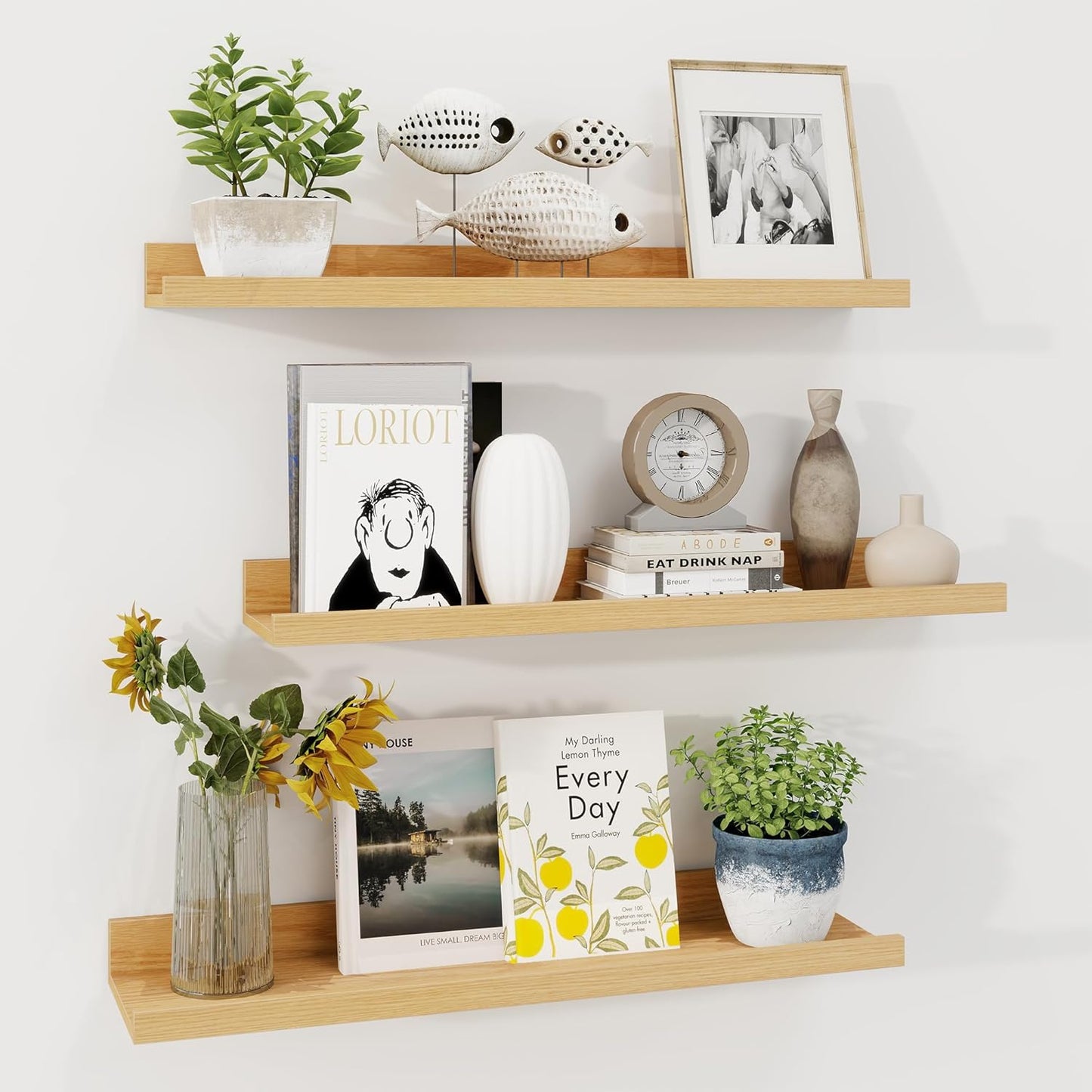 ShelfLoft 24"W x 4.2"D Oak Picture Ledge Shelf Floating Shelves with Lip Set of 3