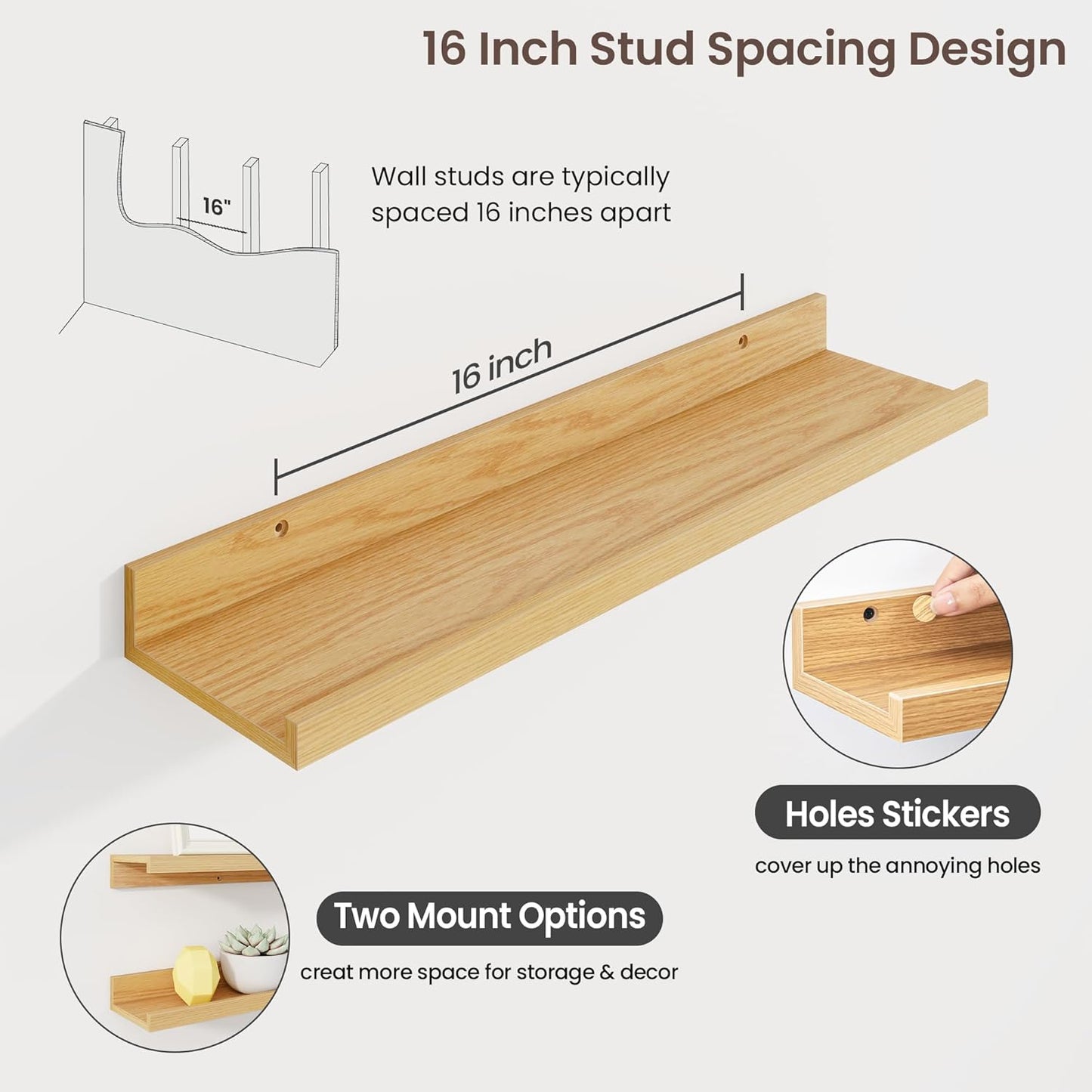 ShelfLoft 24"W x 4.2"D Oak Picture Ledge Shelf Floating Shelves with Lip Set of 3