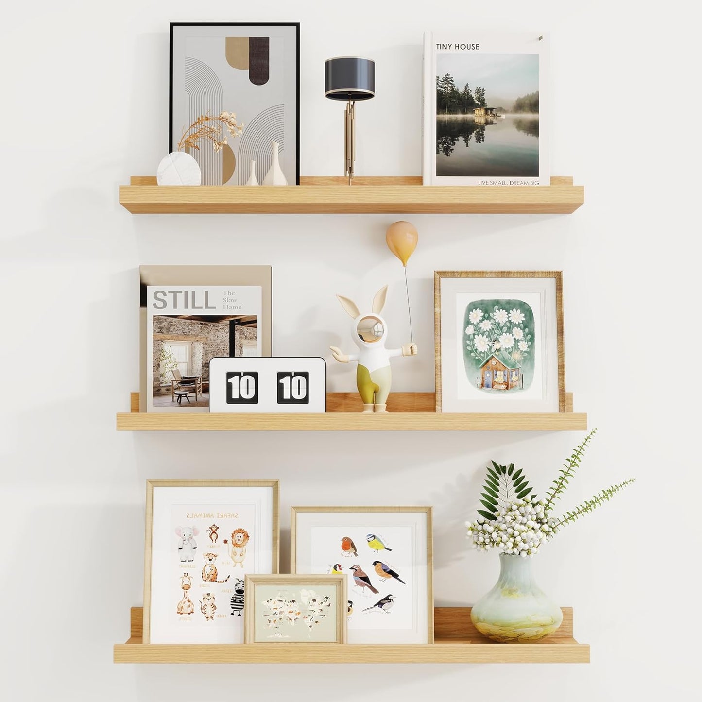 ShelfLoft 24"W x 4.2"D Oak Picture Ledge Shelf Floating Shelves with Lip Set of 3