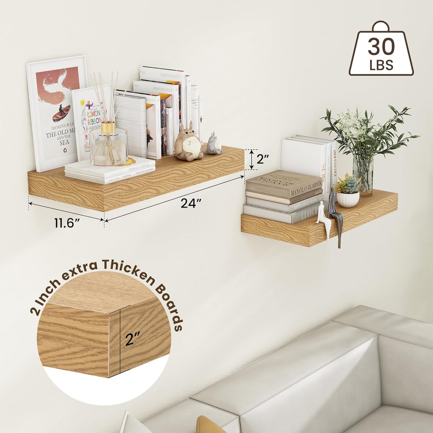 ShelfLoft 11.6"D x 2"H Oak Floating Shelves for Wall Storage