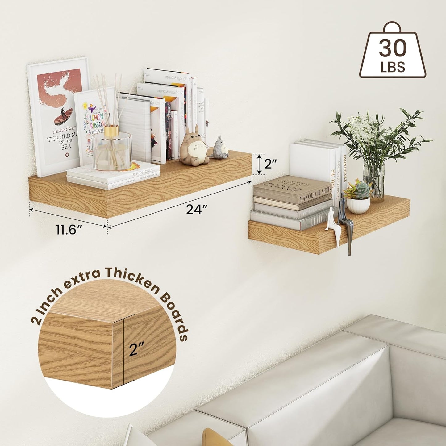 ShelfLoft 24"W x 11.6"D Oak Floating Shelves for Wall Storage, 2 Pack