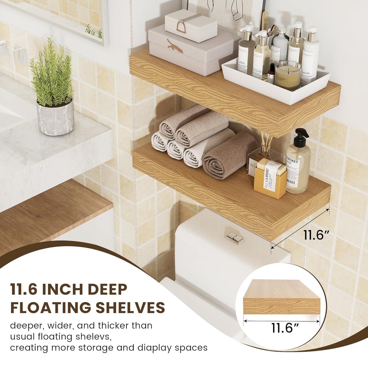 ShelfLoft 11.6"D x 2"H Oak Floating Shelves for Wall Storage