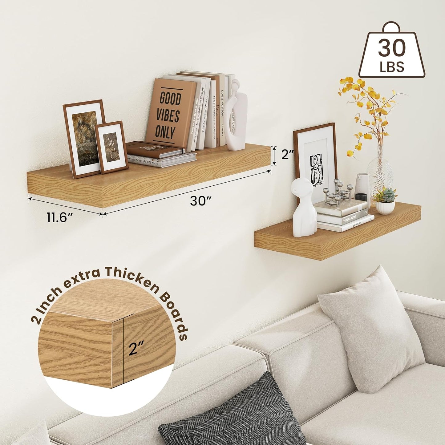 ShelfLoft 11.6"D x 2"H Oak Floating Shelves for Wall Storage