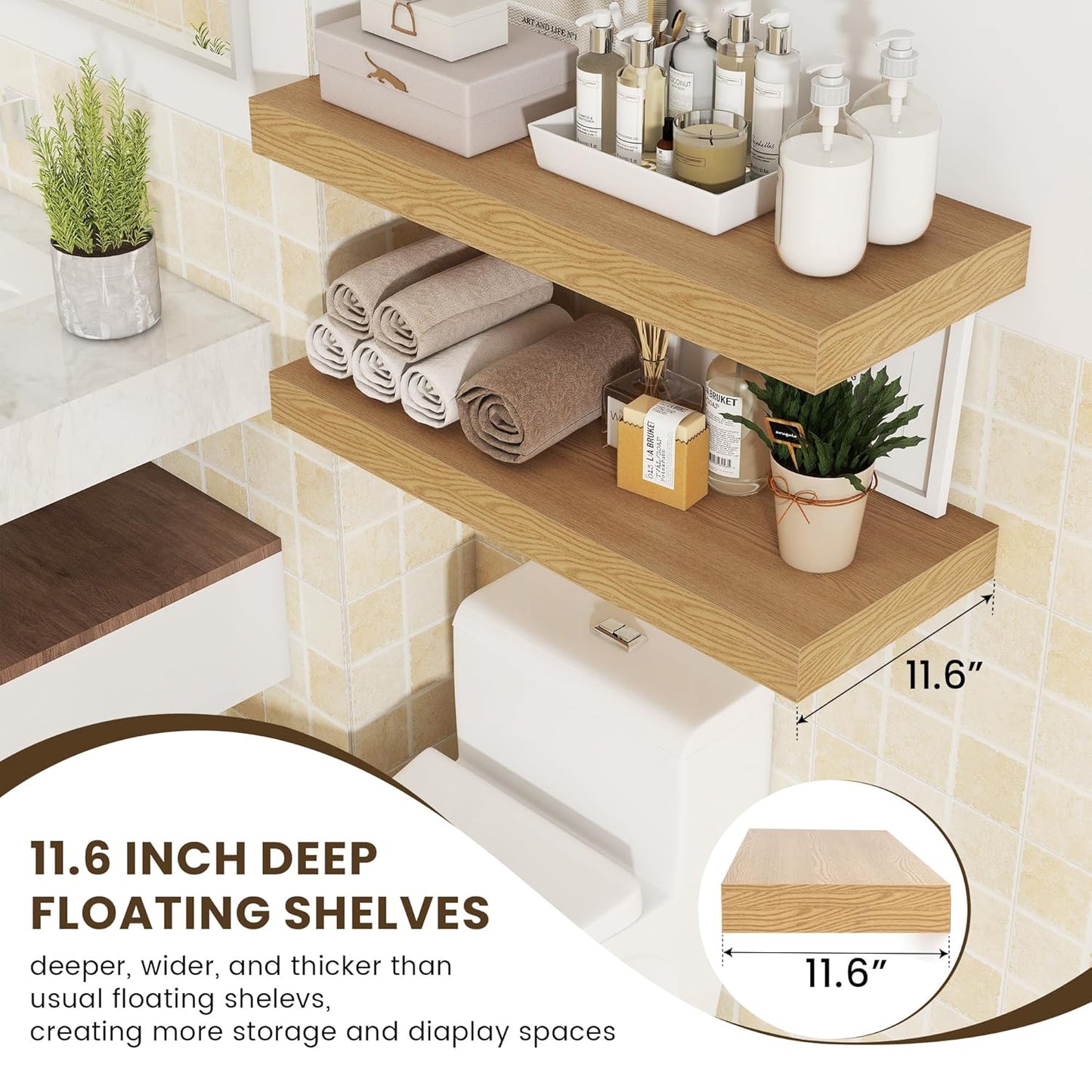 ShelfLoft 30"W x 11.6"D Oak Floating Shelves for Wall Storage, 2 Pack