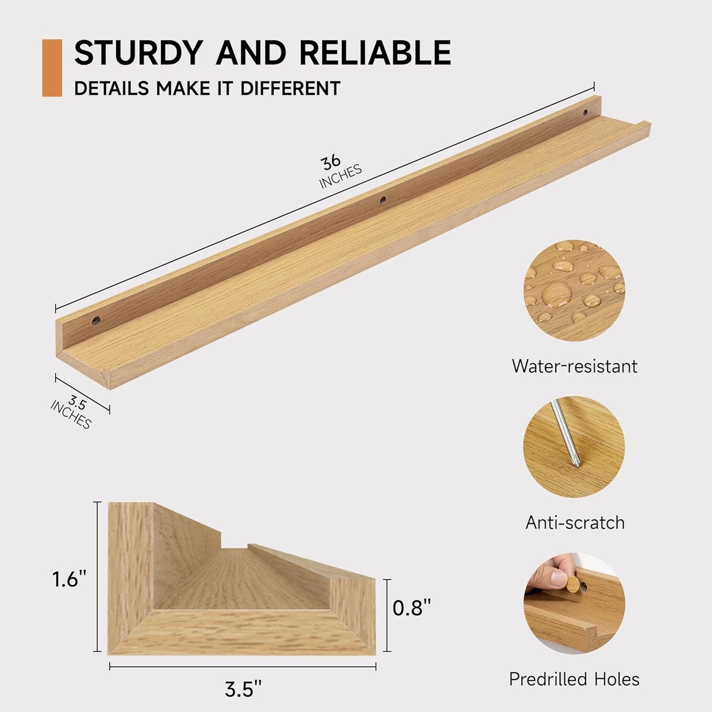 ShelfLoft 36“W x 3.5”D Oak Picture Ledge Shelf Wall Storage Floating Shelves, 2 Pack