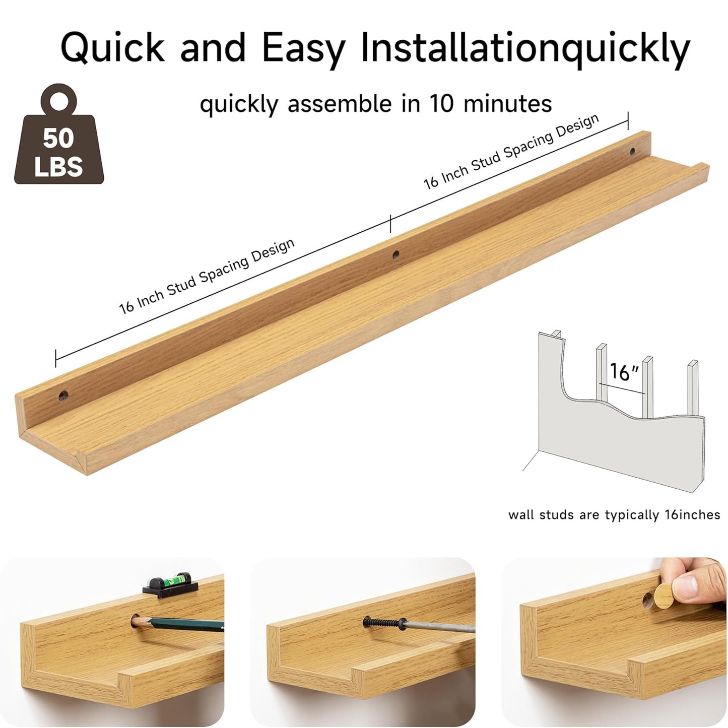 ShelfLoft 36“W x 3.5”D Oak Picture Ledge Shelf Wall Storage Floating Shelves, 2 Pack