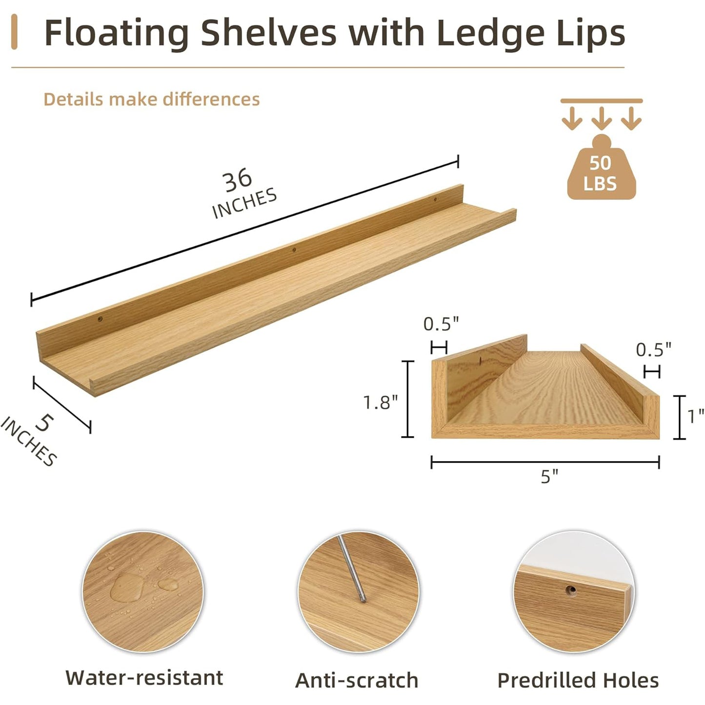 ShelfLoft 5"D x 1.8“H Oak Picture Ledge Shelf Wood Floating Shelves