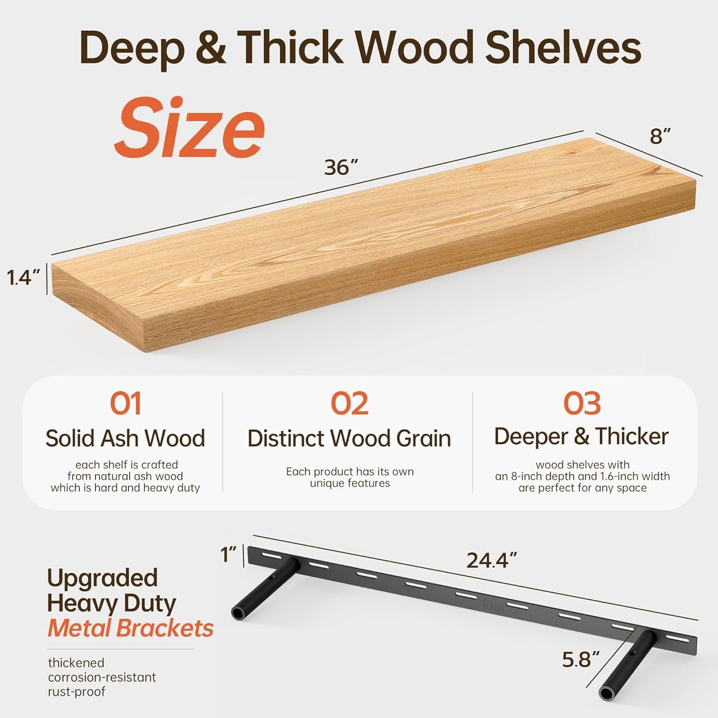 ShelfLoft 36" Wide x 8" Deep Solid Ash Wood Floating Shelves,2 Pack