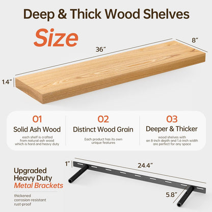 ShelfLoft 36" Wide x 8" Deep Solid Ash Wood Floating Shelves,2 Pack