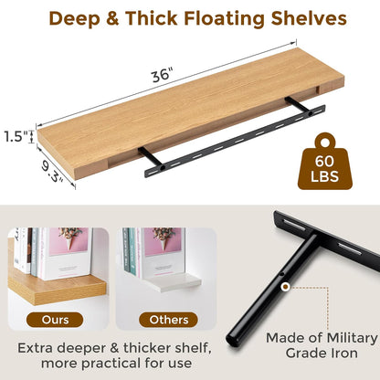 ShelfLoft 9.3"D x 1.5"H Oak Floating Shelves for Wall Storage