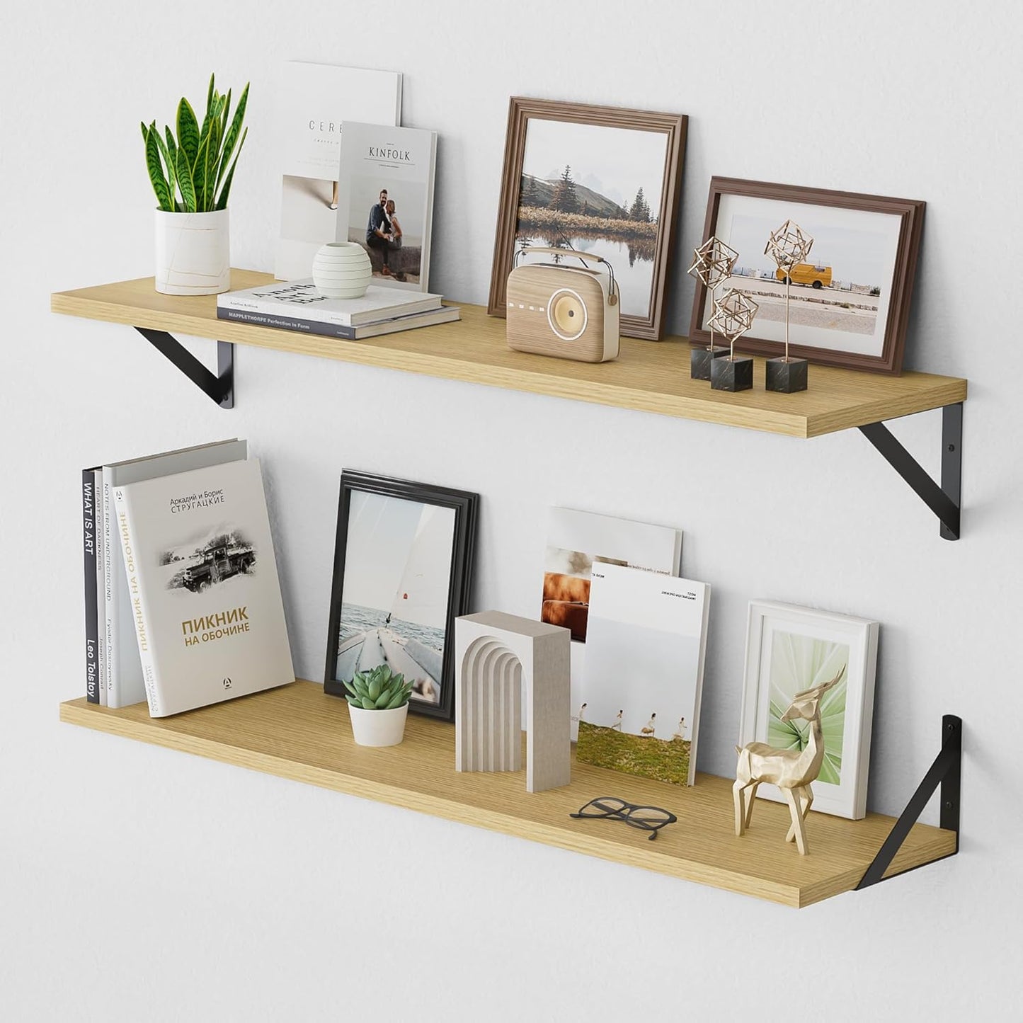 ShelfLoft 36" Wide x 8" Deep Floating Shelves with Brackets, Oak-2 Pack